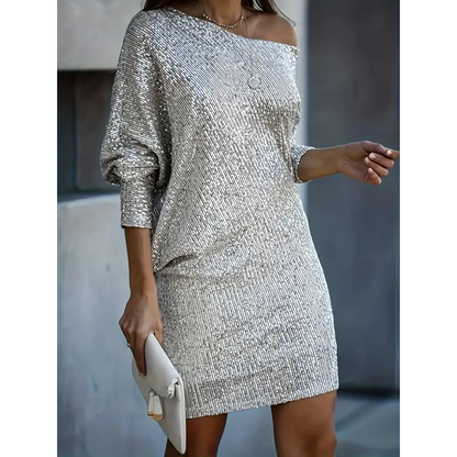 Pien | Dames Pailletten Glitter Jurk met Open Schouder | Mini met Korte Mouwen