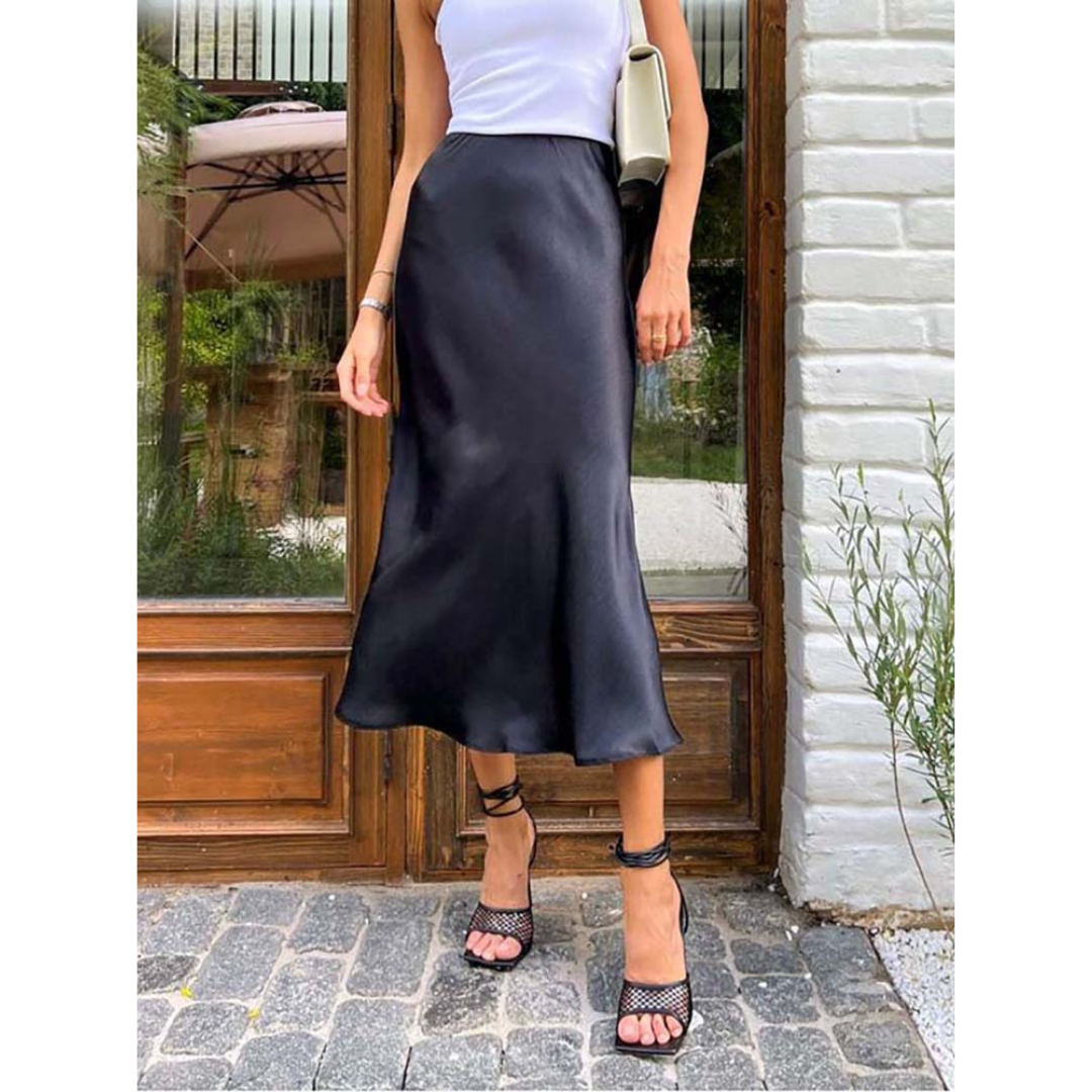 Amelie | Dames Satijnen Midirok met Elastische Taille | Satijnen Rok