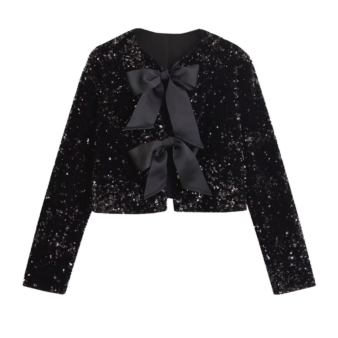 Carlijn | Dames Cropped Jas met Strik & Lovertjes