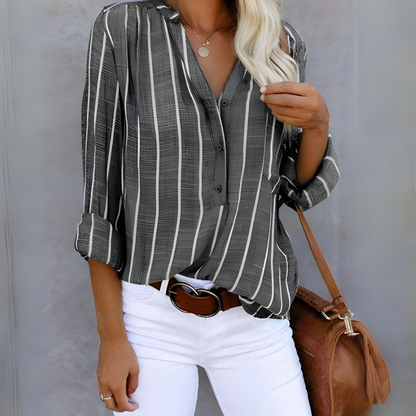 Nanda | Dames Gestreepte Blouse met V-Hals en Knoopsluiting
