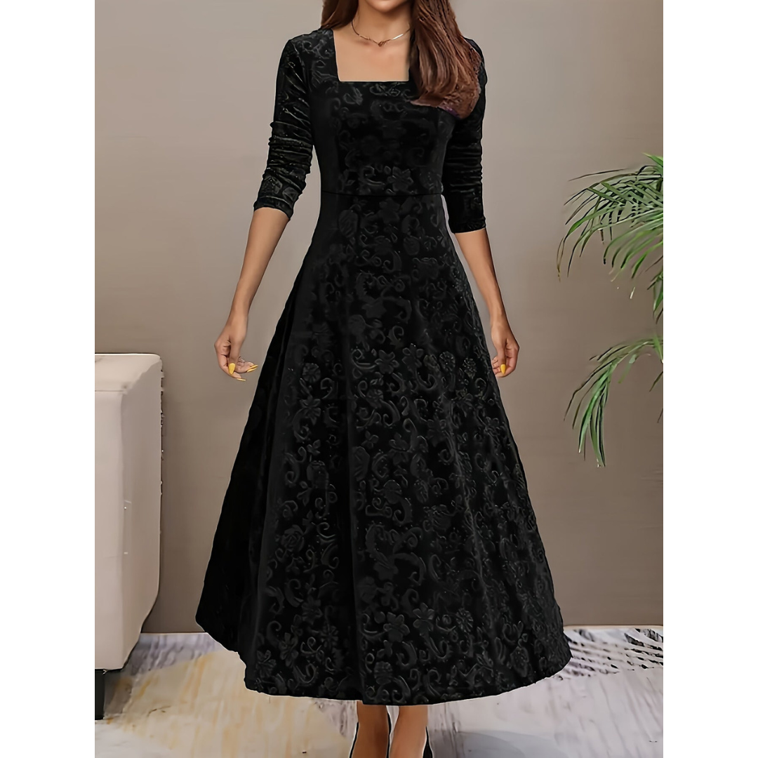 Mette | Dames Fluwelen Maxi Jurk met Vierkante Hals en Bloemenprint