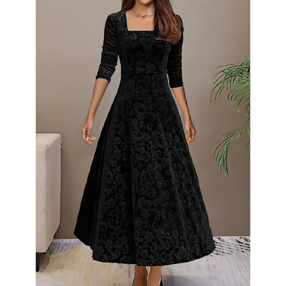 Mette | Dames Fluwelen Maxi Jurk met Vierkante Hals en Bloemenprint