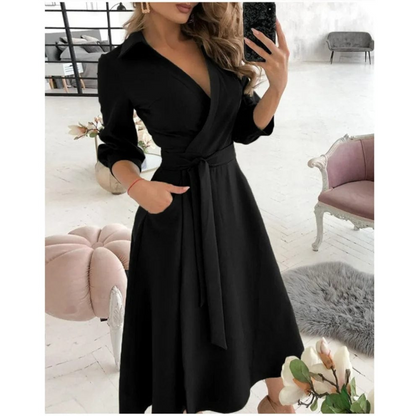 Daphne | Dames V-Hals Jurk met Lange Mouwen | Midi Casual & Feestjurk