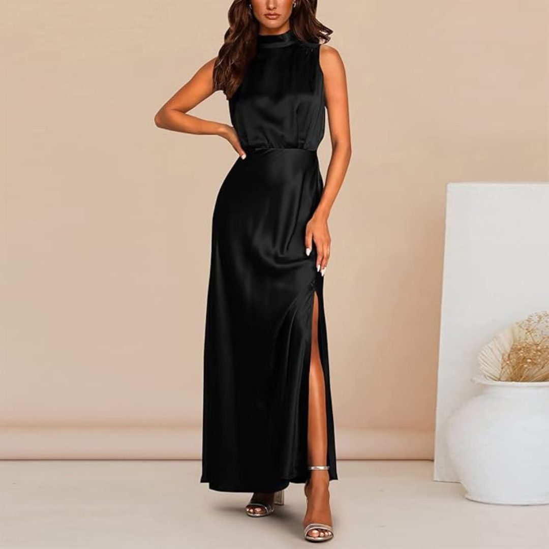 Yara | Dames Satijnen Jurk met Split | Mouwloze Maxi Feestjurk