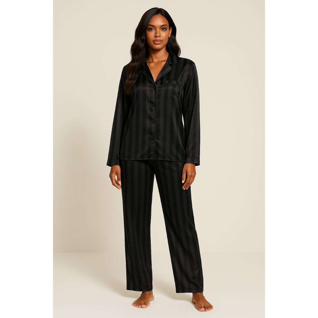 Renske | Dames Gestreepte Satijnen Pyjama Set met Knoopsluiting