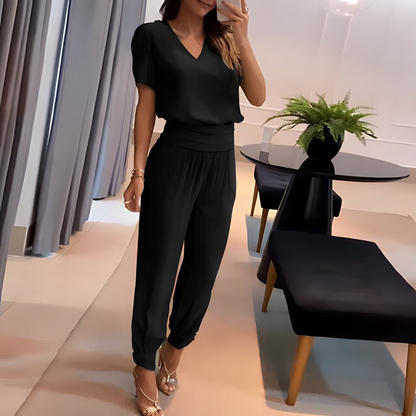 Chantal | Dames Set met V-hals Crop Top & Wijde Broek met Zakken