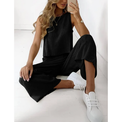 Yvette | Dames Linnen Tweedelige Set | Mouwloze Top en Casual Broek