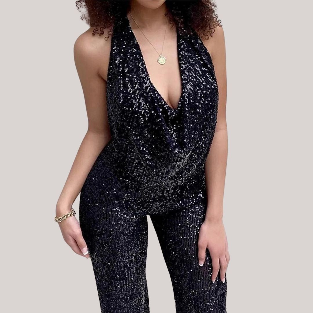 Amira | Dames Glitter Jumpsuit met V-Hals en Open Rug
