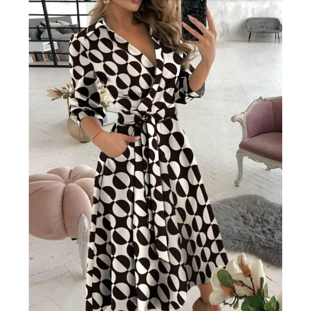 Daphne | Dames V-Hals Jurk met Lange Mouwen | Midi Casual & Feestjurk